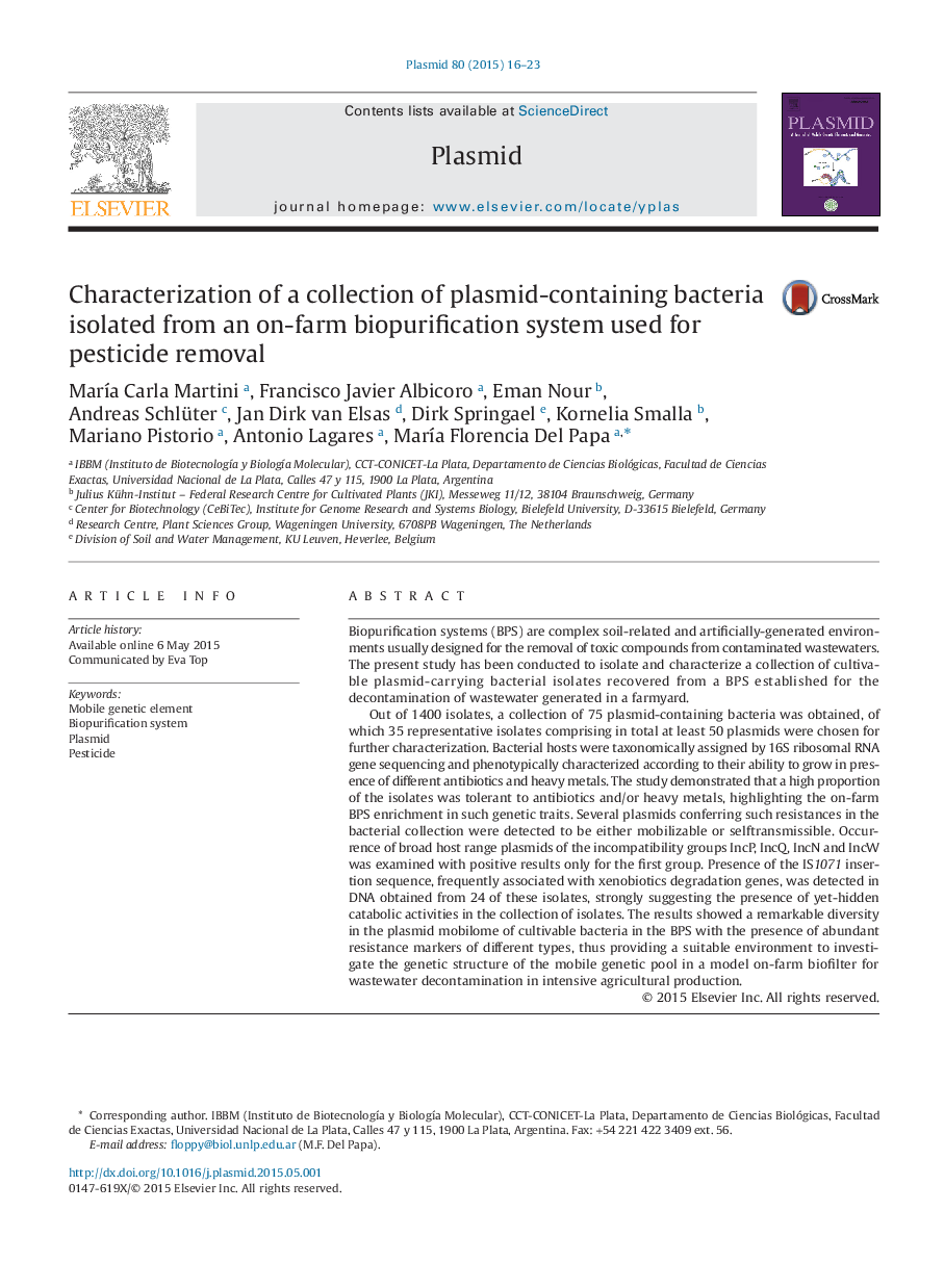 Characterization of a collection of plasmid-containing bacteria isolated from an on-farm biopurification system used for pesticide removal