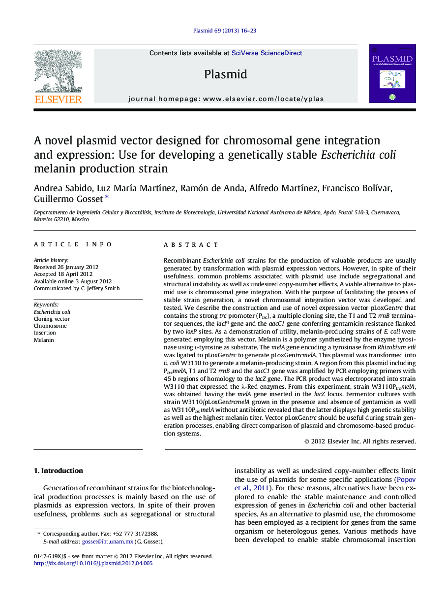 A novel plasmid vector designed for chromosomal gene integration and expression: Use for developing a genetically stable Escherichia coli melanin production strain