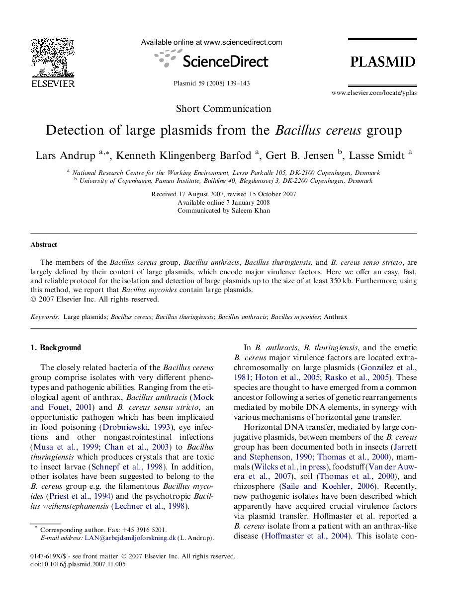 Short CommunicationDetection of large plasmids from the Bacillus cereus group