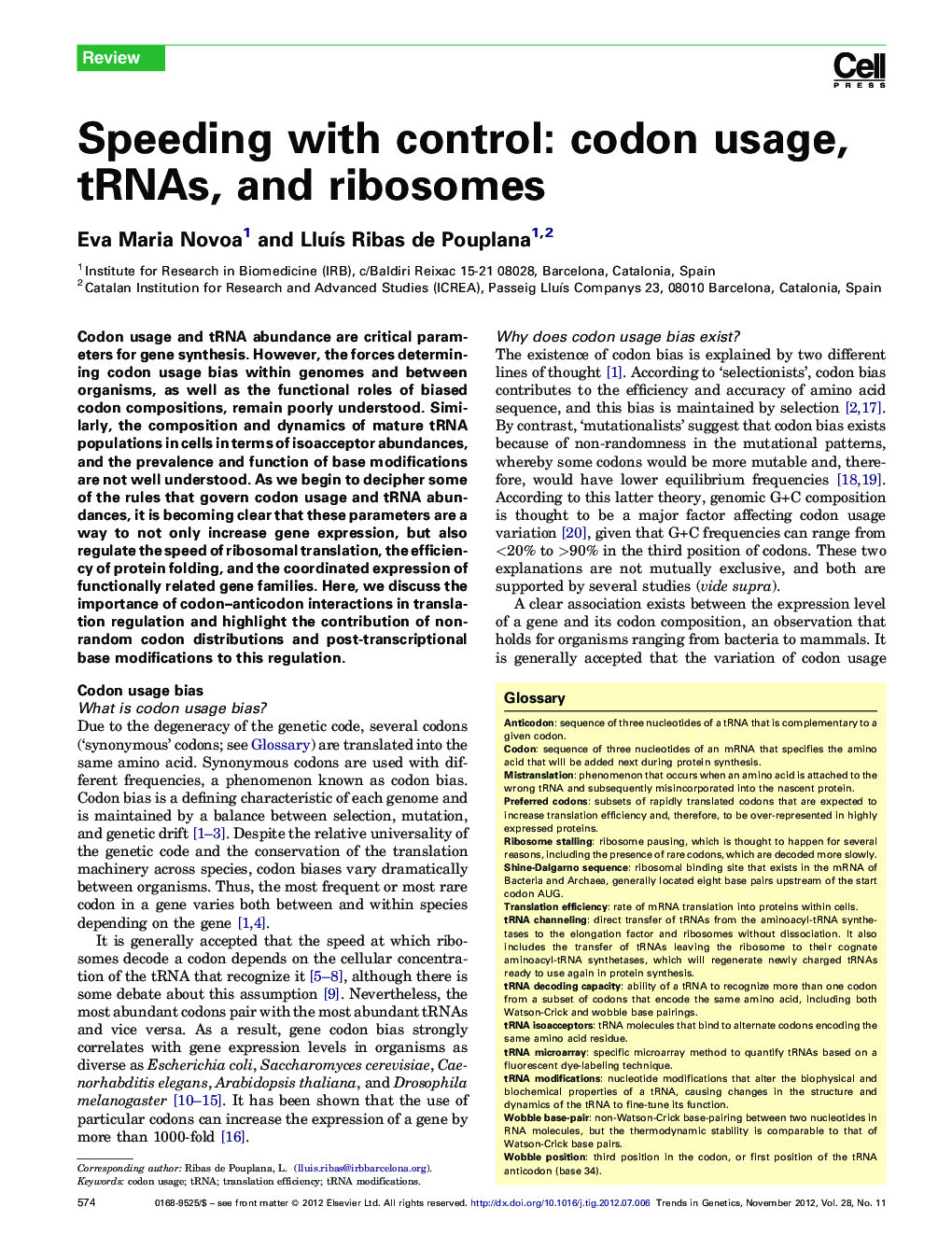 Speeding with control: codon usage, tRNAs, and ribosomes