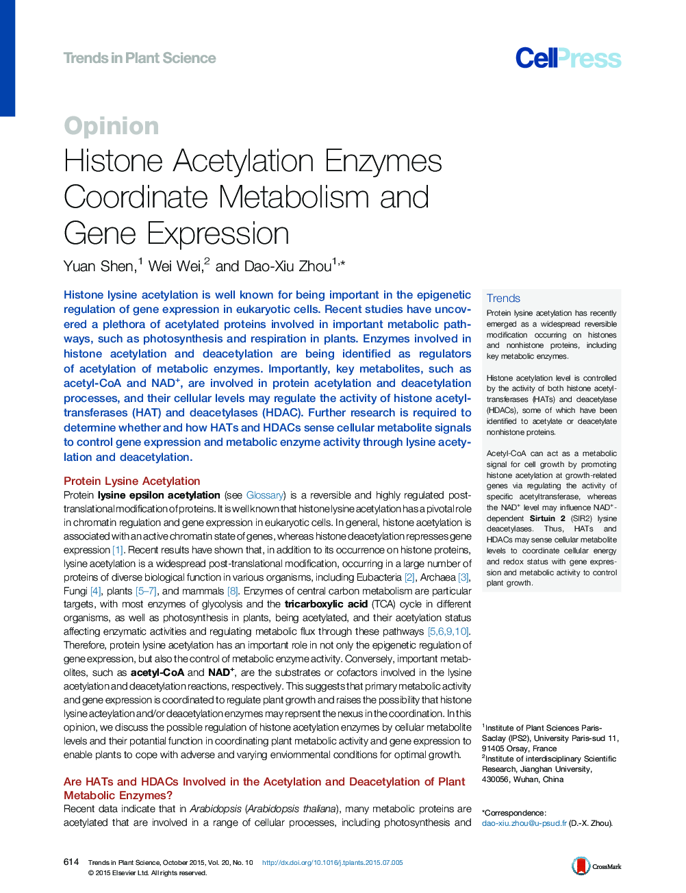 Histone Acetylation Enzymes Coordinate Metabolism and Gene Expression