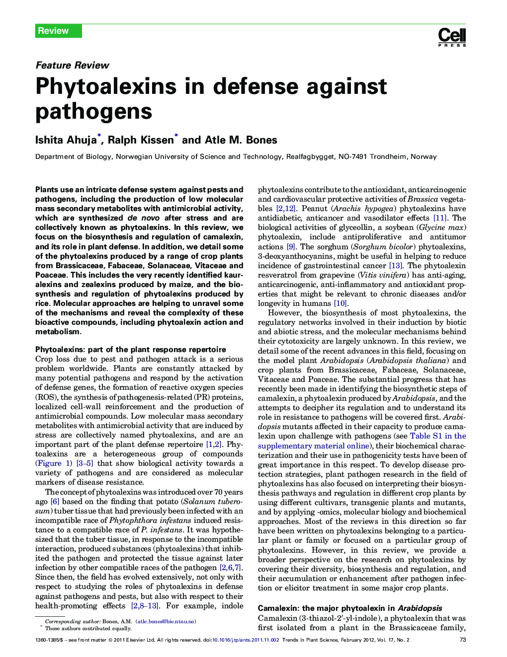 Phytoalexins in defense against pathogens