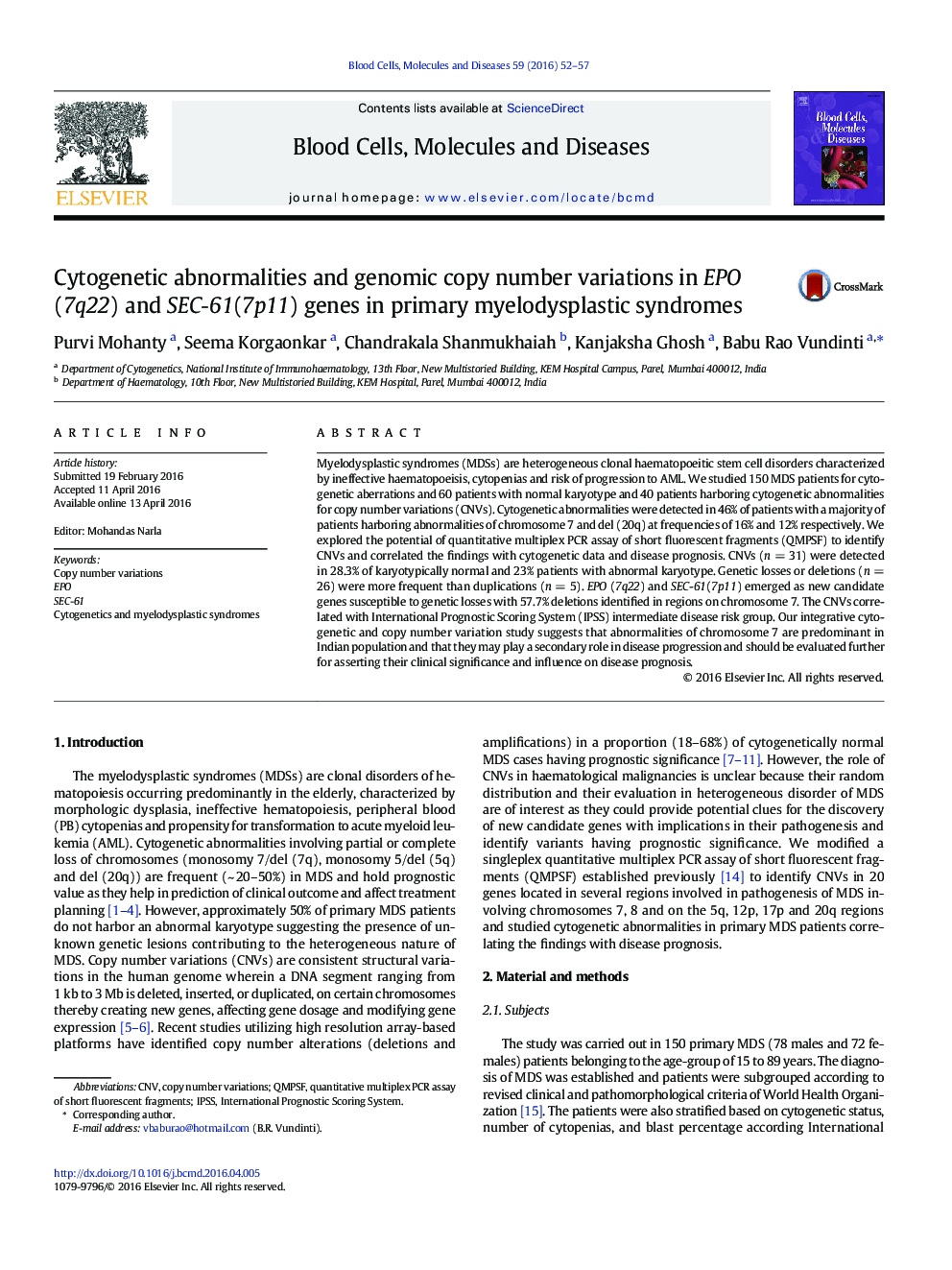 Cytogenetic abnormalities and genomic copy number variations in EPO (7q22) and SEC-61(7p11) genes in primary myelodysplastic syndromes