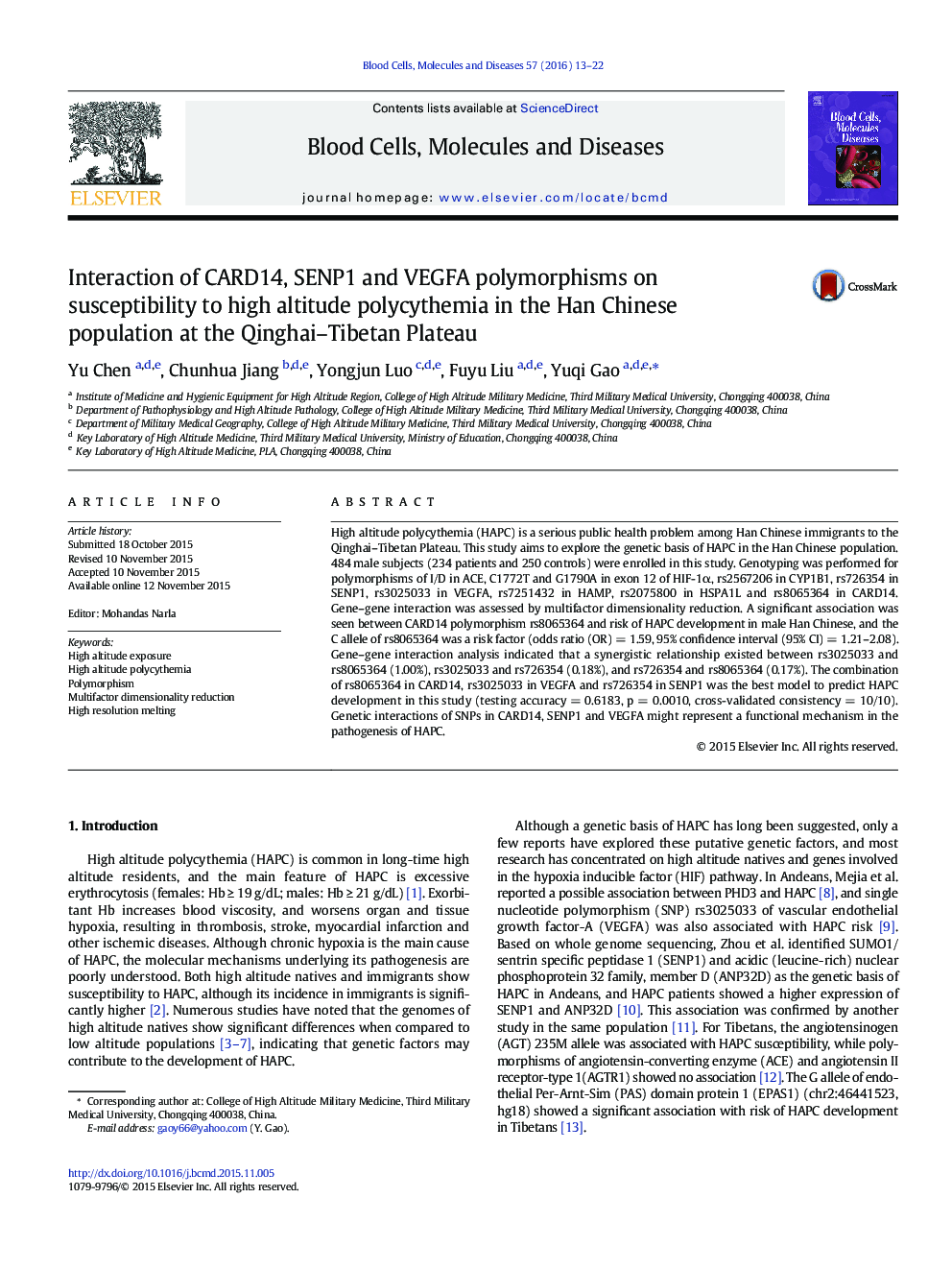 Interaction of CARD14, SENP1 and VEGFA polymorphisms on susceptibility to high altitude polycythemia in the Han Chinese population at the Qinghai-Tibetan Plateau