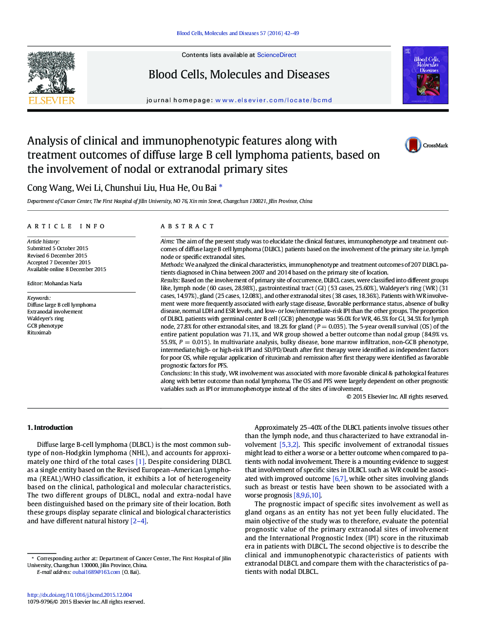 Analysis of clinical and immunophenotypic features along with treatment outcomes of diffuse large B cell lymphoma patients, based on the involvement of nodal or extranodal primary sites