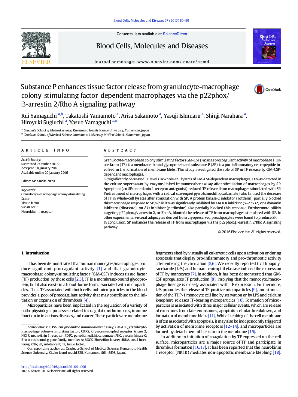 عکس صفحه اول مقاله: Substance P enhances tissue factor release from granulocyte-macrophage colony-stimulating factor-dependent macrophages via the p22phox/β-arrestin 2/Rho A signaling pathway Substance P enhances tissue factor release from granulocyte-macrophage colony-stimulating factor-dependent macrophages via the p22phox/β-arrestin 2/Rho A signaling pathway