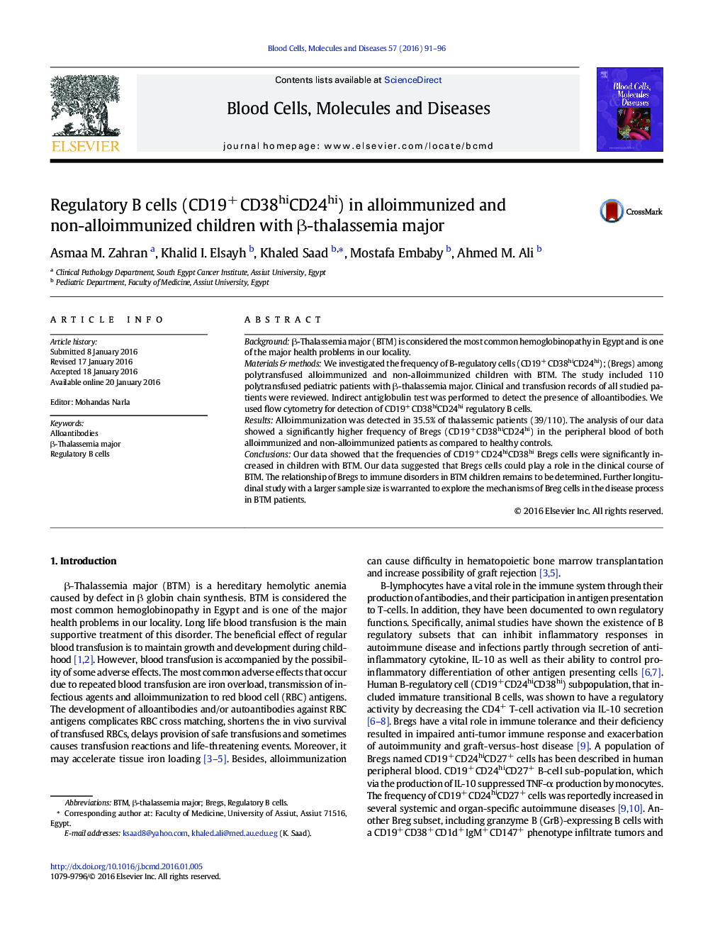 Regulatory B cells (CD19+ CD38hiCD24hi) in alloimmunized and non-alloimmunized children with Î²-thalassemia major