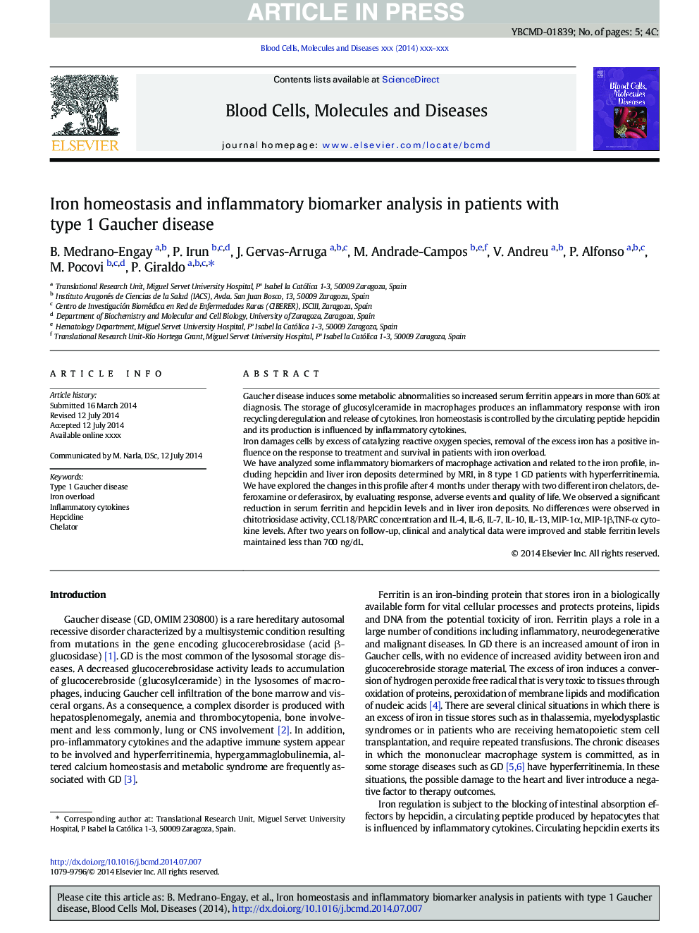 Iron homeostasis and infIammatory biomarker analysis in patients with type 1 Gaucher disease