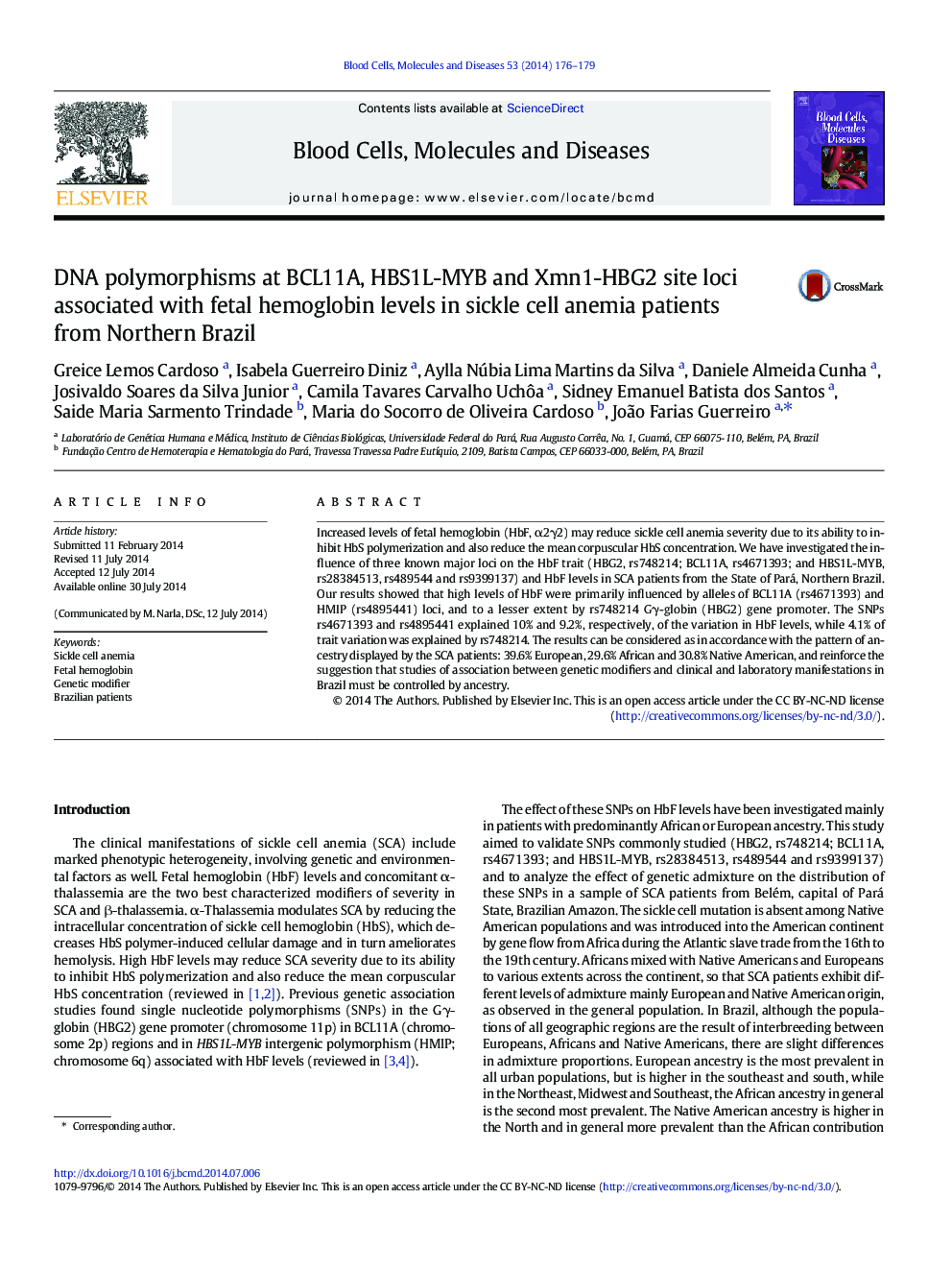 DNA polymorphisms at BCL11A, HBS1L-MYB and Xmn1-HBG2 site loci associated with fetal hemoglobin levels in sickle cell anemia patients from Northern Brazil