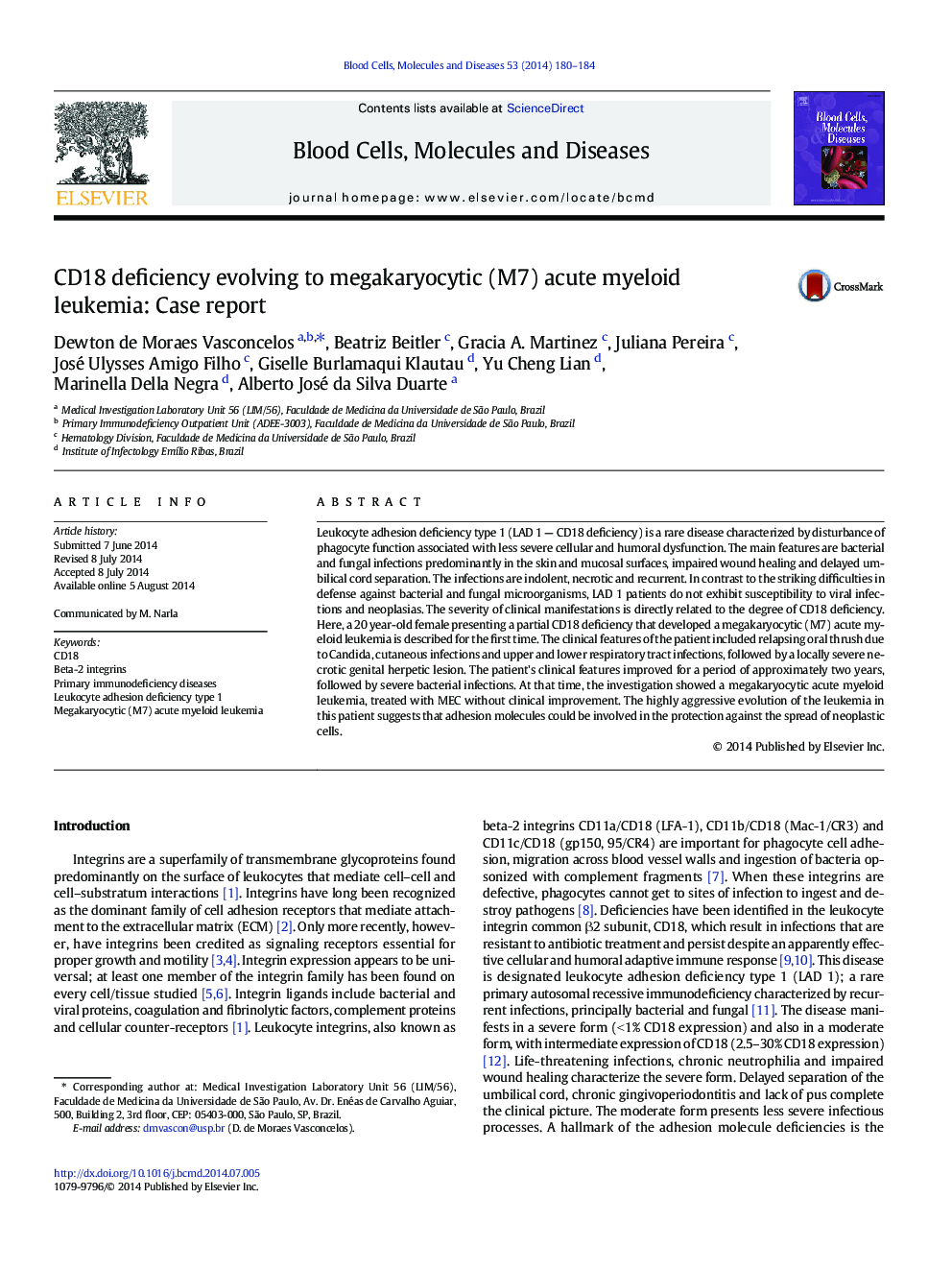 CD18 deficiency evolving to megakaryocytic (M7) acute myeloid leukemia: Case report