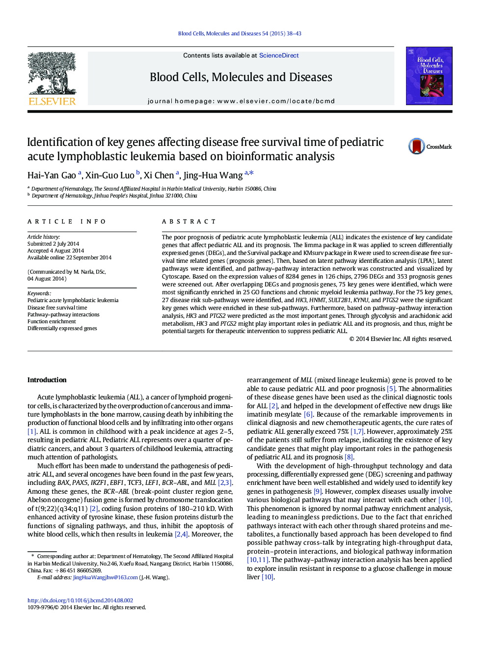 Identification of key genes affecting disease free survival time of pediatric acute lymphoblastic leukemia based on bioinformatic analysis