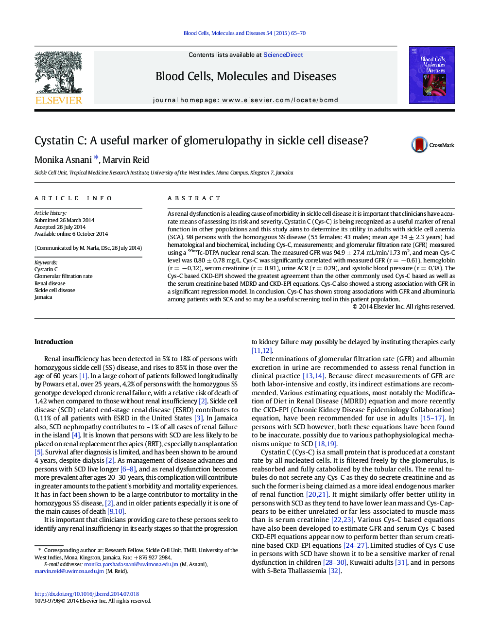 Cystatin C: A useful marker of glomerulopathy in sickle cell disease?