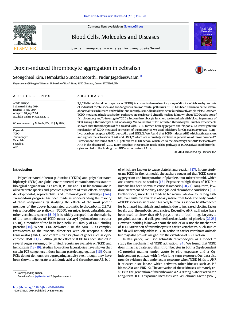 Dioxin-induced thrombocyte aggregation in zebrafish