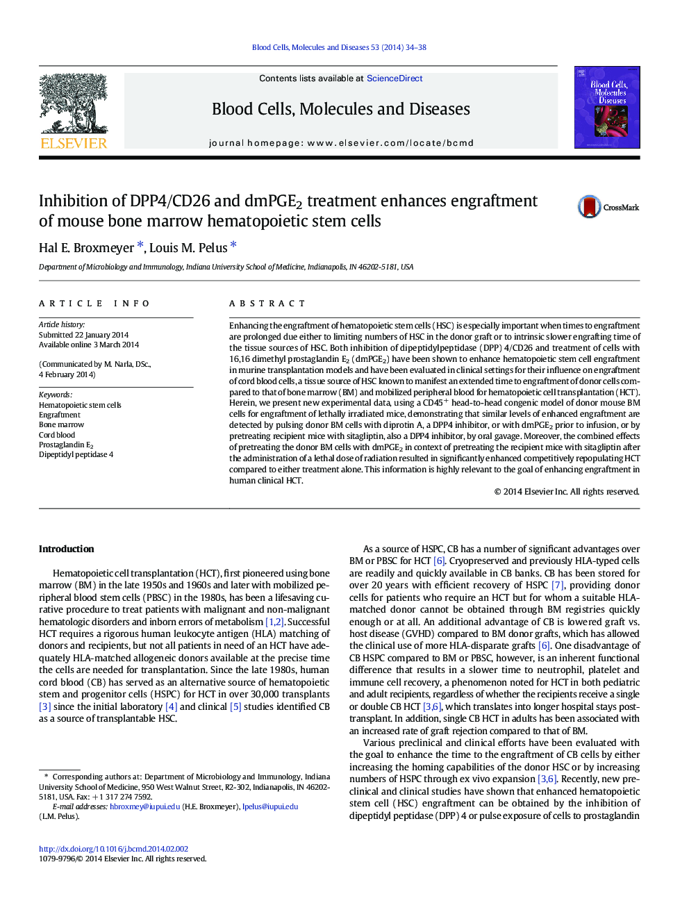 Inhibition of DPP4/CD26 and dmPGE2 treatment enhances engraftment of mouse bone marrow hematopoietic stem cells