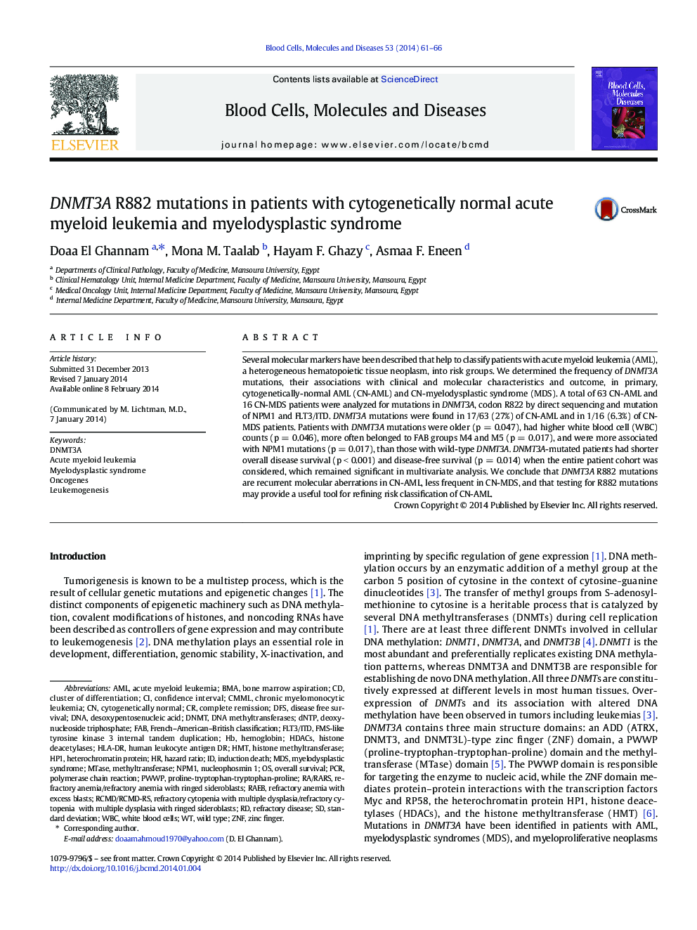 DNMT3A R882 mutations in patients with cytogenetically normal acute myeloid leukemia and myelodysplastic syndrome