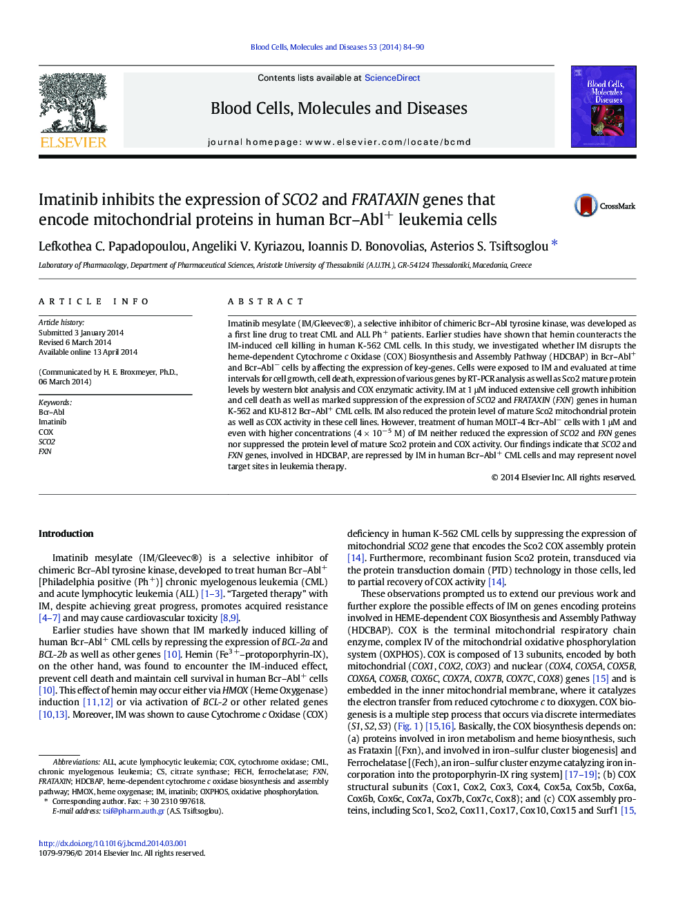 Imatinib inhibits the expression of SCO2 and FRATAXIN genes that encode mitochondrial proteins in human Bcr-Abl+ leukemia cells