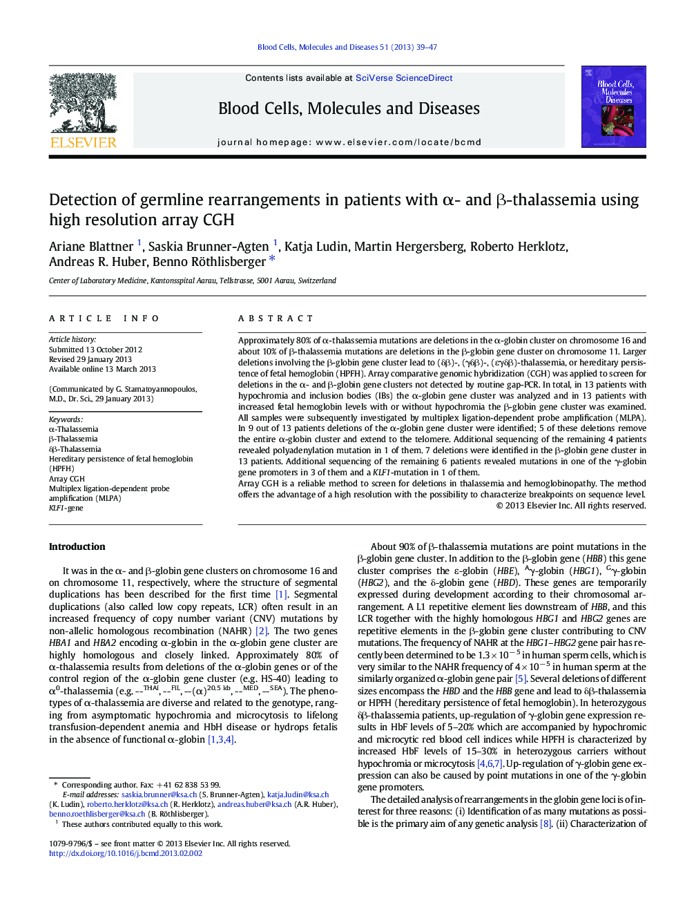 Detection of germline rearrangements in patients with Î±- and Î²-thalassemia using high resolution array CGH