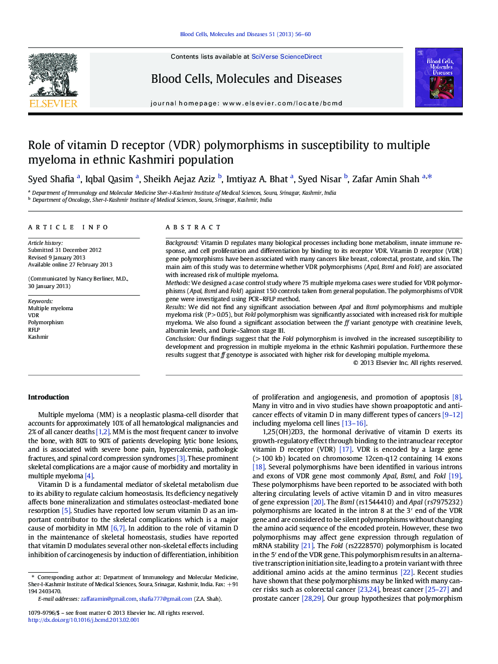 Role of vitamin D receptor (VDR) polymorphisms in susceptibility to multiple myeloma in ethnic Kashmiri population