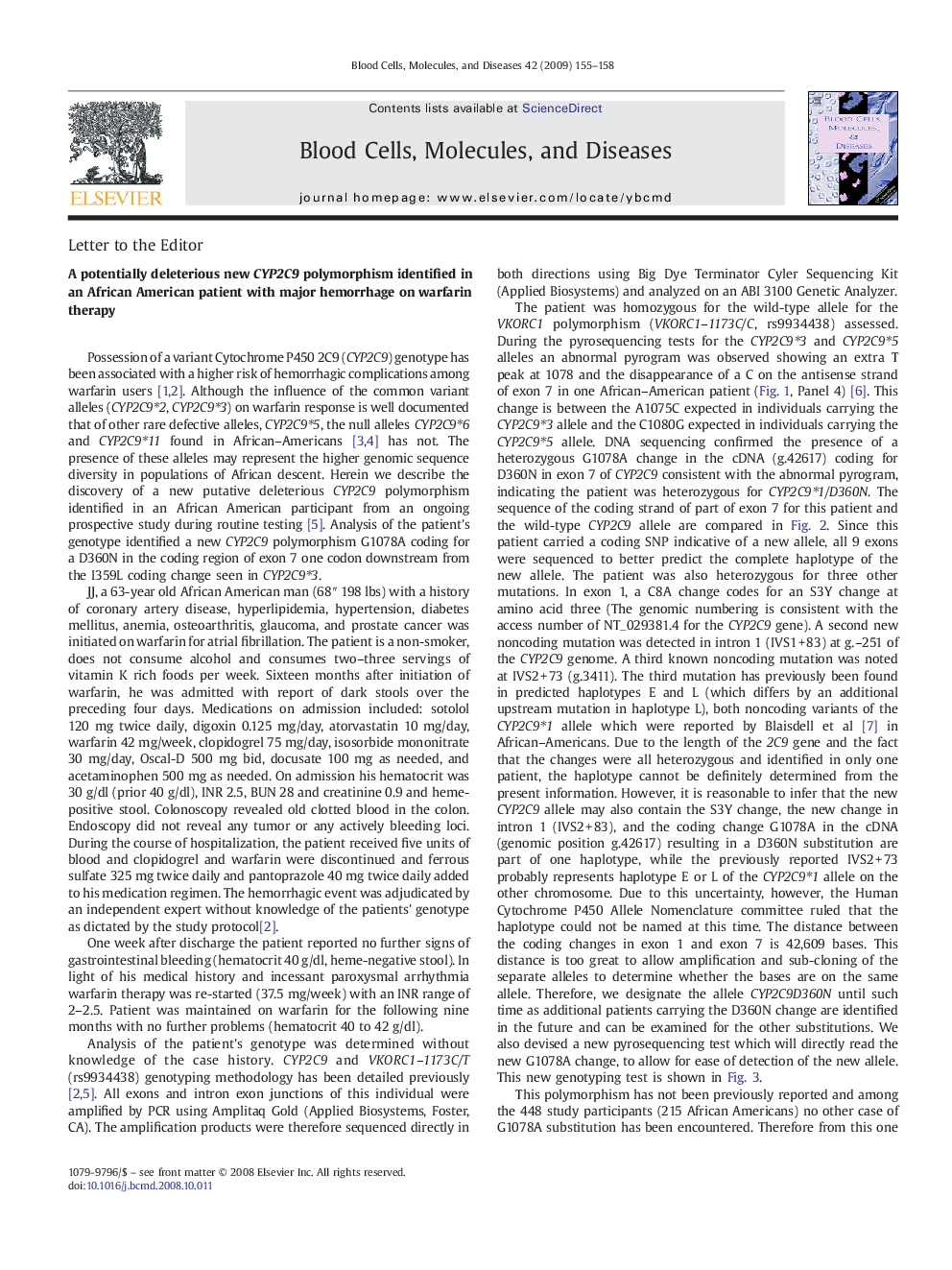 A potentially deleterious new CYP2C9 polymorphism identified in an African American patient with major hemorrhage on warfarin therapy