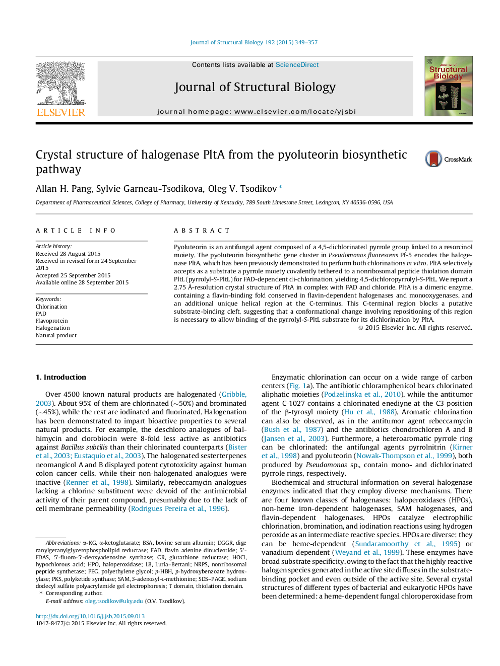 عکس صفحه اول مقاله: Crystal structure of halogenase PltA from the pyoluteorin biosynthetic pathway Crystal structure of halogenase PltA from the pyoluteorin biosynthetic pathway