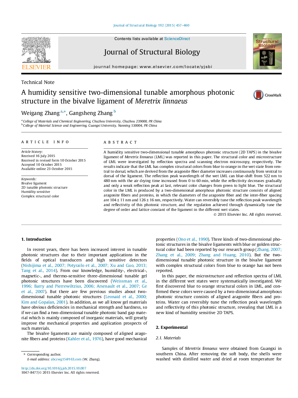 A humidity sensitive two-dimensional tunable amorphous photonic structure in the bivalve ligament of Meretrix linnaeus