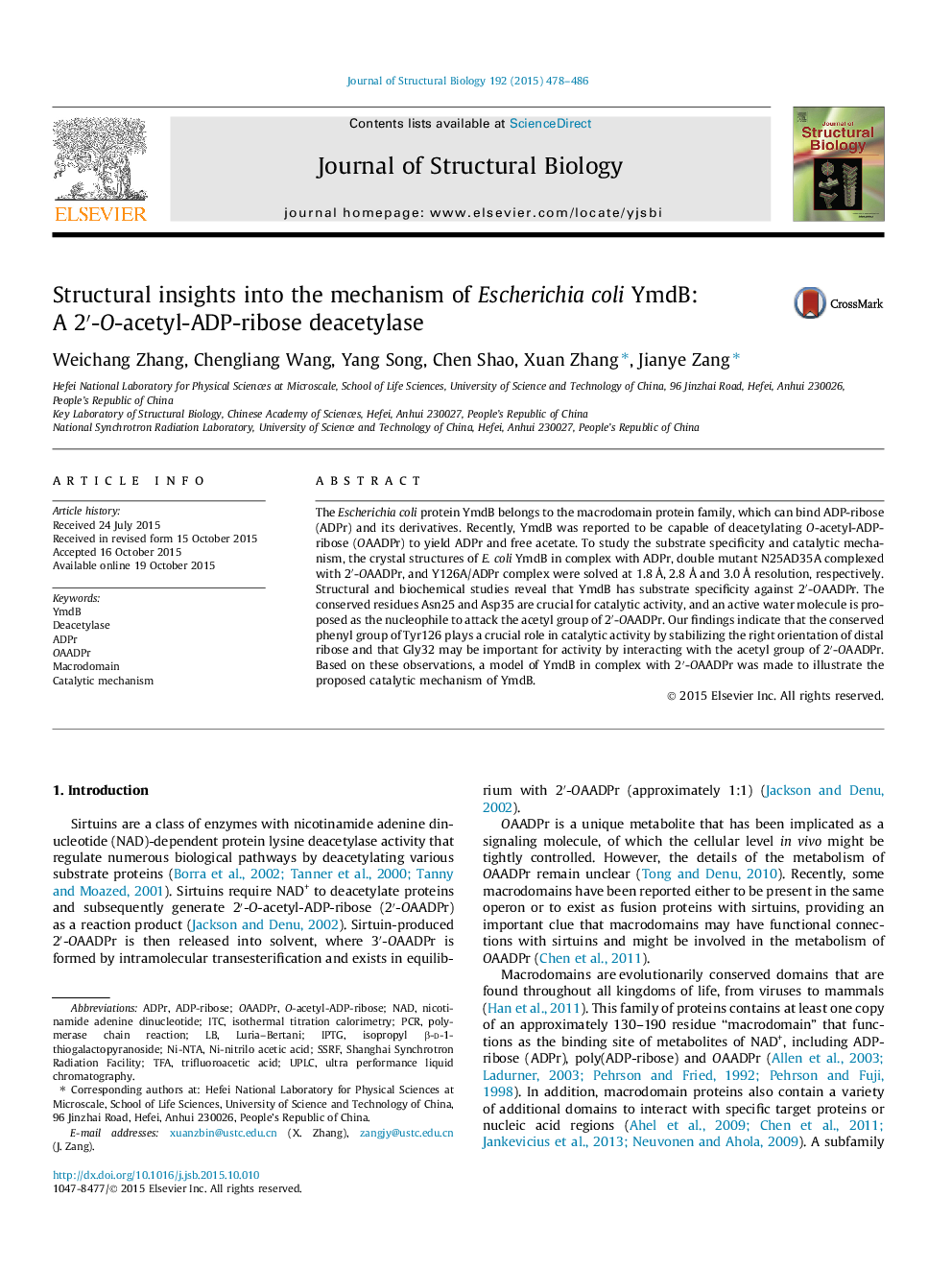 Structural insights into the mechanism of Escherichia coli YmdB: A 2â²-O-acetyl-ADP-ribose deacetylase