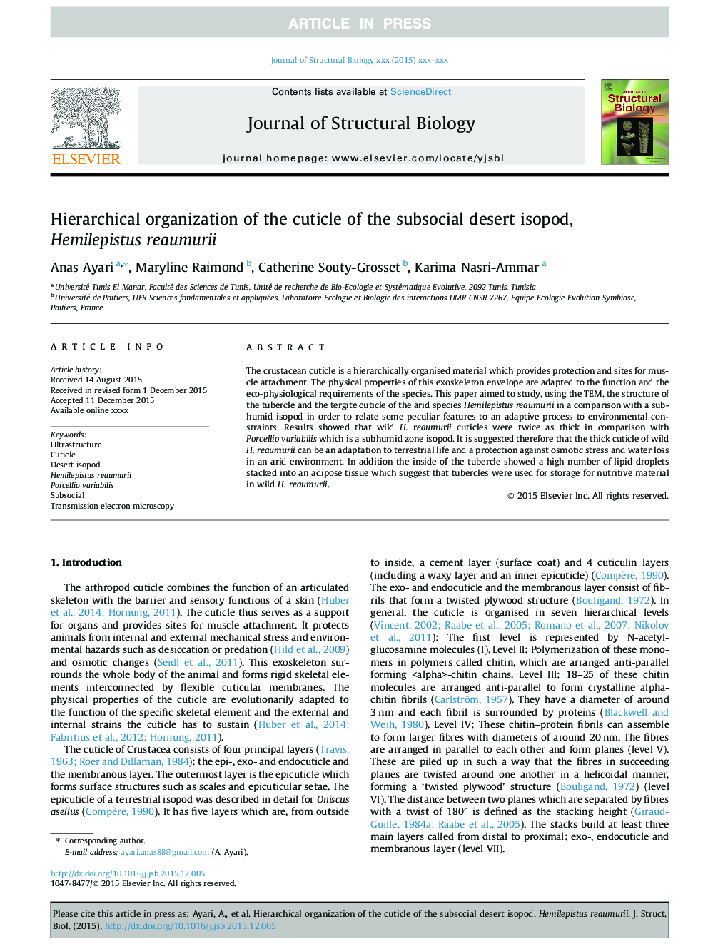 Hierarchical organization of the cuticle of the subsocial desert isopod, Hemilepistus reaumurii