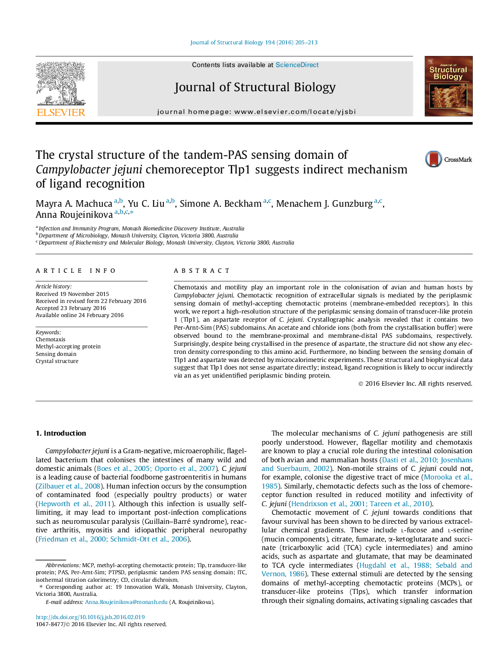 The crystal structure of the tandem-PAS sensing domain of Campylobacter jejuni chemoreceptor Tlp1 suggests indirect mechanism of ligand recognition