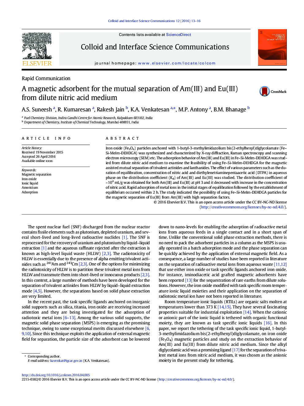 A magnetic adsorbent for the mutual separation of Am(III) and Eu(III) from dilute nitric acid medium