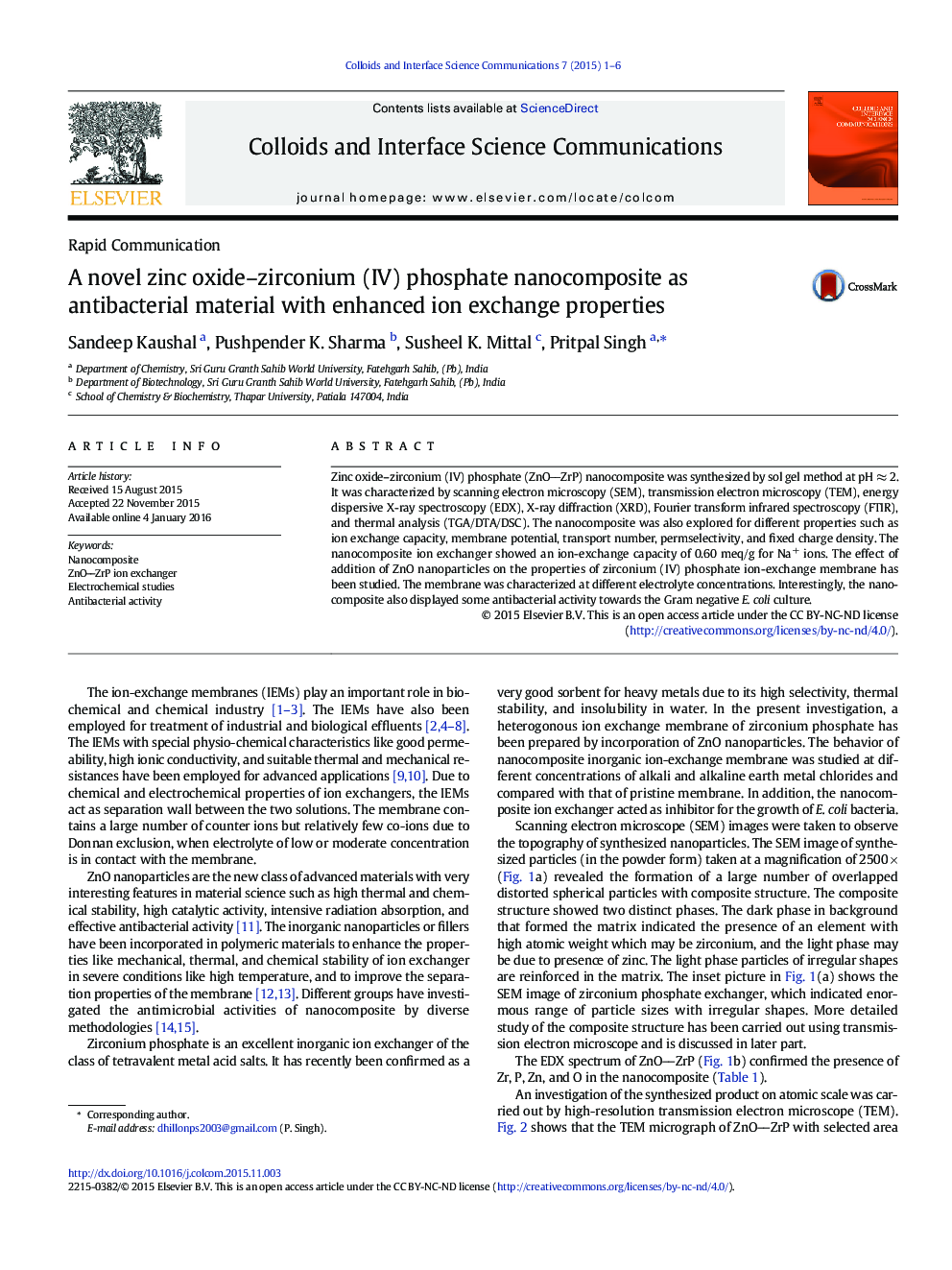A novel zinc oxide–zirconium (IV) phosphate nanocomposite as antibacterial material with enhanced ion exchange properties