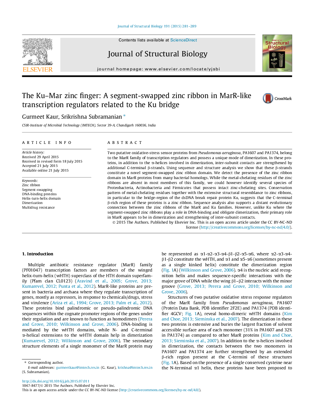 The Ku-Mar zinc finger: A segment-swapped zinc ribbon in MarR-like transcription regulators related to the Ku bridge