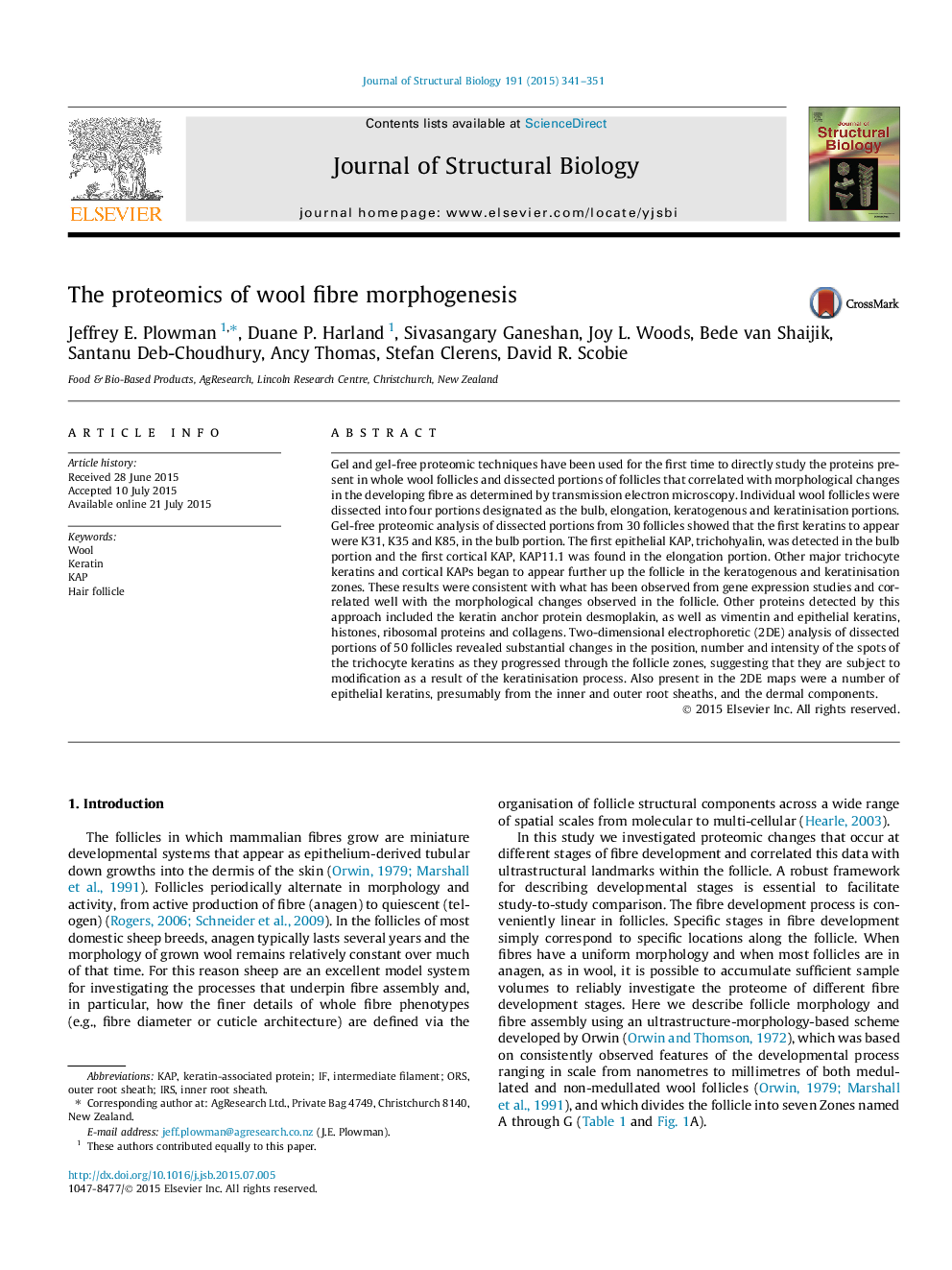 The proteomics of wool fibre morphogenesis