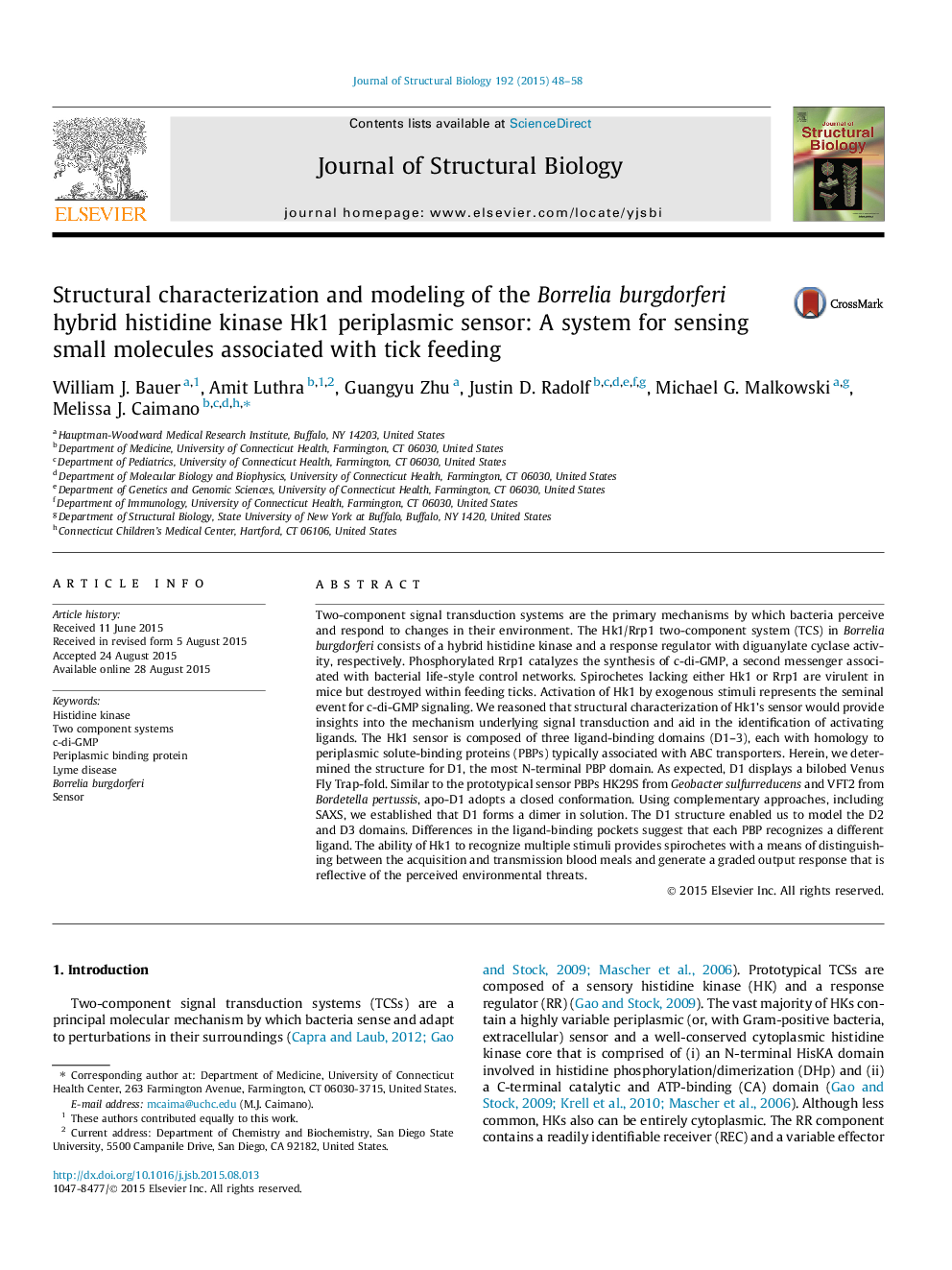 Structural characterization and modeling of the Borrelia burgdorferi hybrid histidine kinase Hk1 periplasmic sensor: A system for sensing small molecules associated with tick feeding