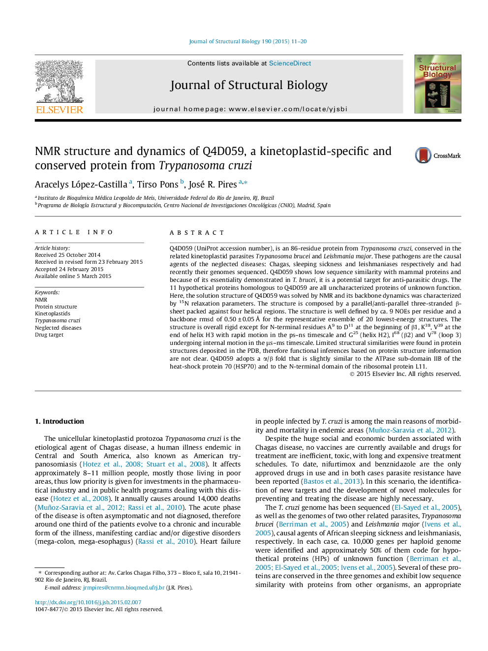 NMR structure and dynamics of Q4D059, a kinetoplastid-specific and conserved protein from Trypanosoma cruzi