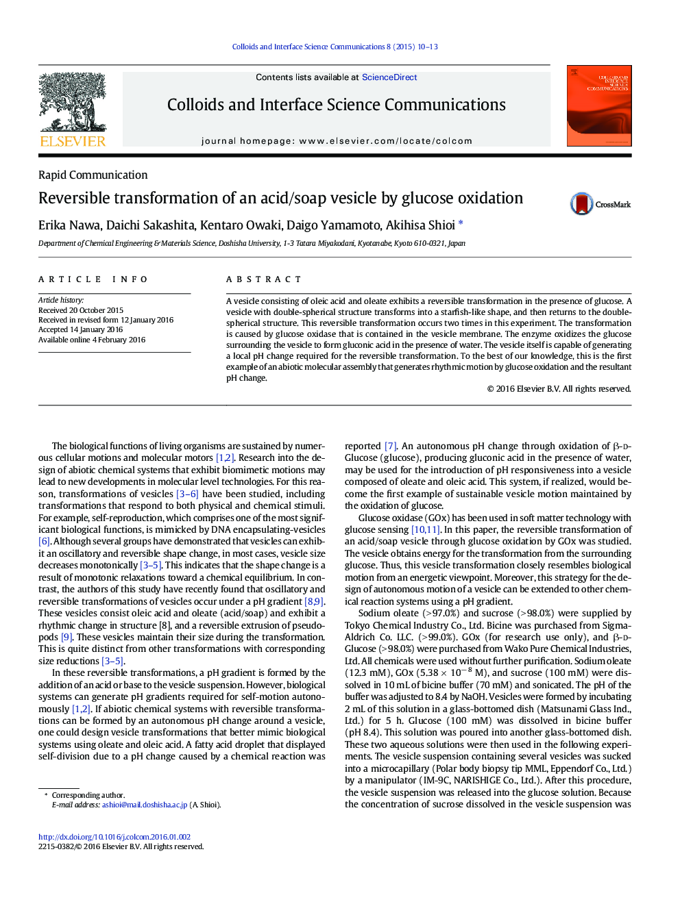 Reversible transformation of an acid/soap vesicle by glucose oxidation