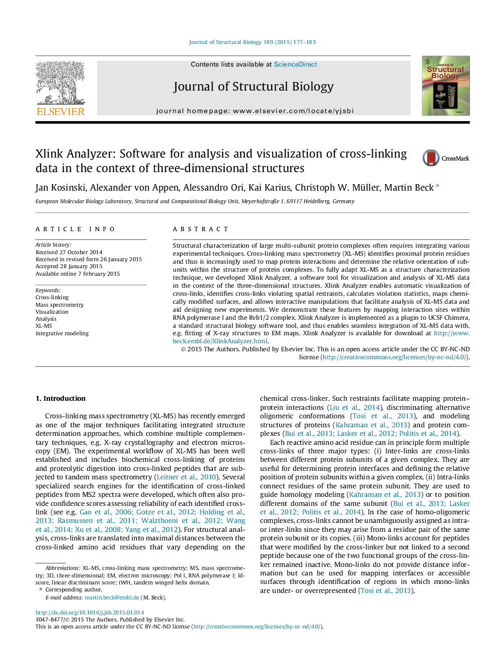 Xlink Analyzer: Software for analysis and visualization of cross-linking data in the context of three-dimensional structures