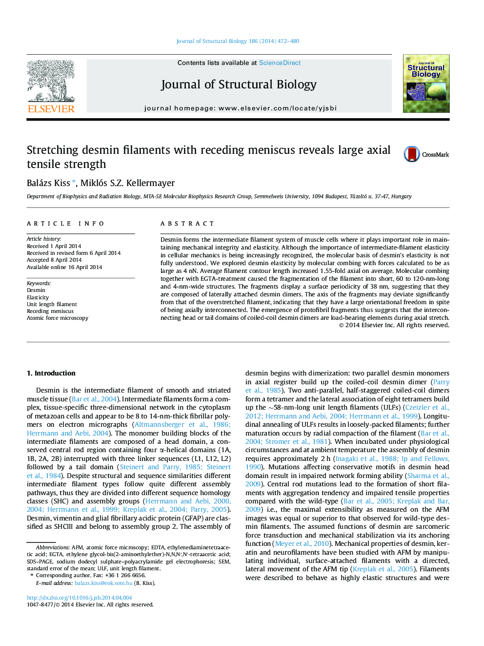 Stretching desmin filaments with receding meniscus reveals large axial tensile strength