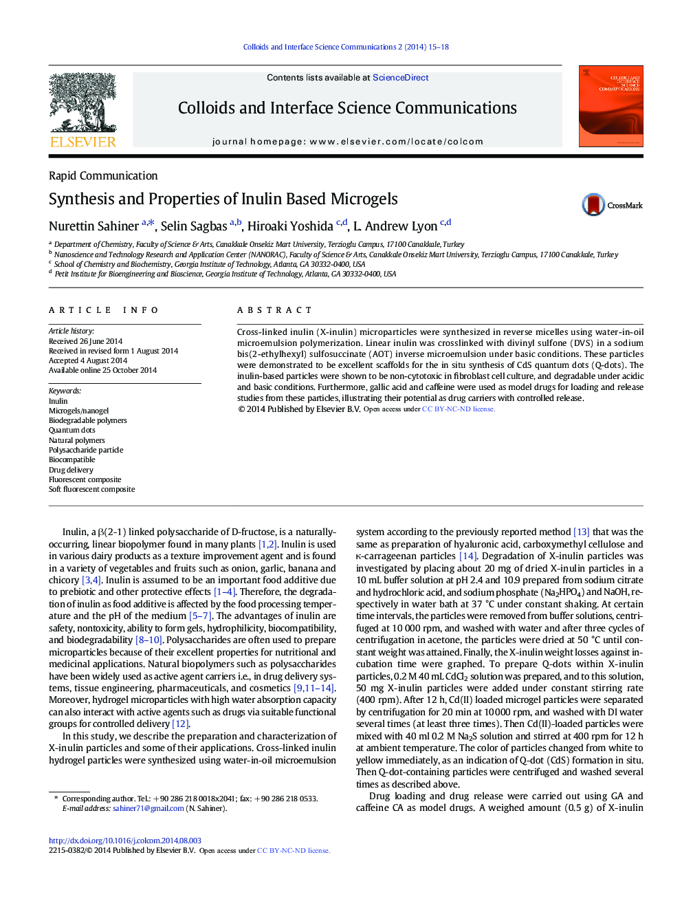 Synthesis and Properties of Inulin Based Microgels