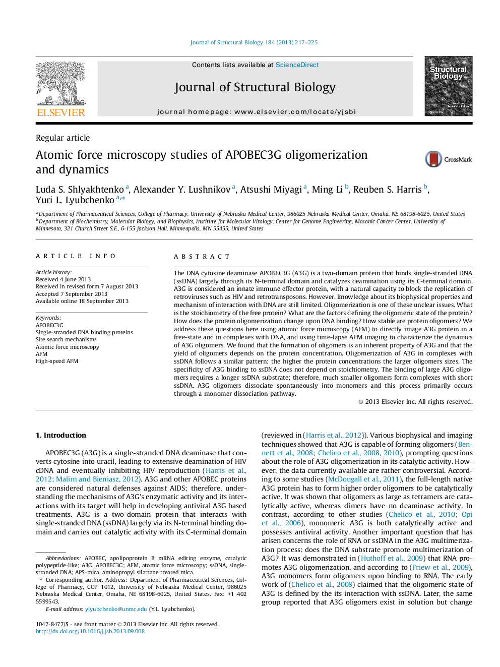 Atomic force microscopy studies of APOBEC3G oligomerization and dynamics