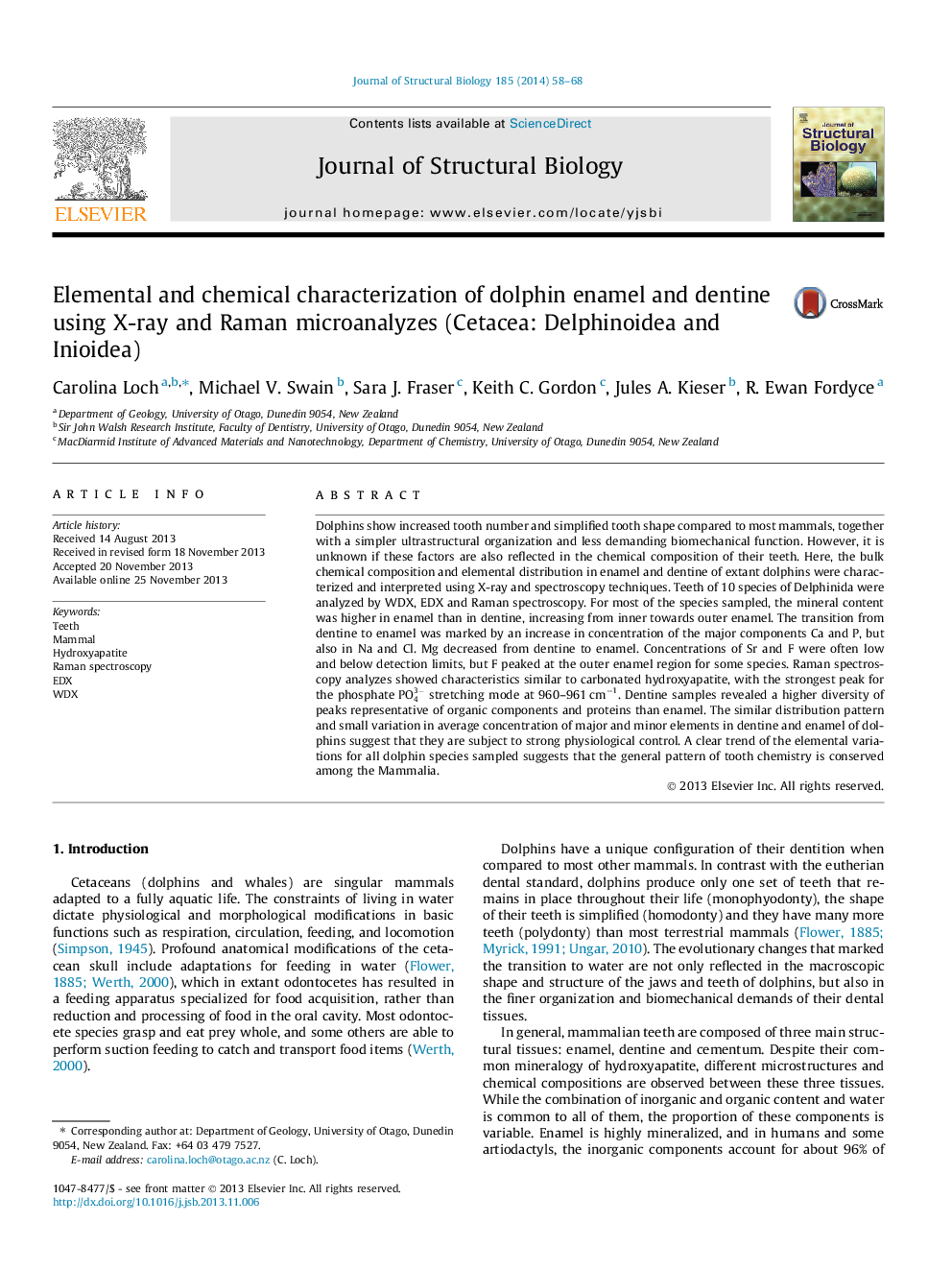 Elemental and chemical characterization of dolphin enamel and dentine using X-ray and Raman microanalyzes (Cetacea: Delphinoidea and Inioidea)