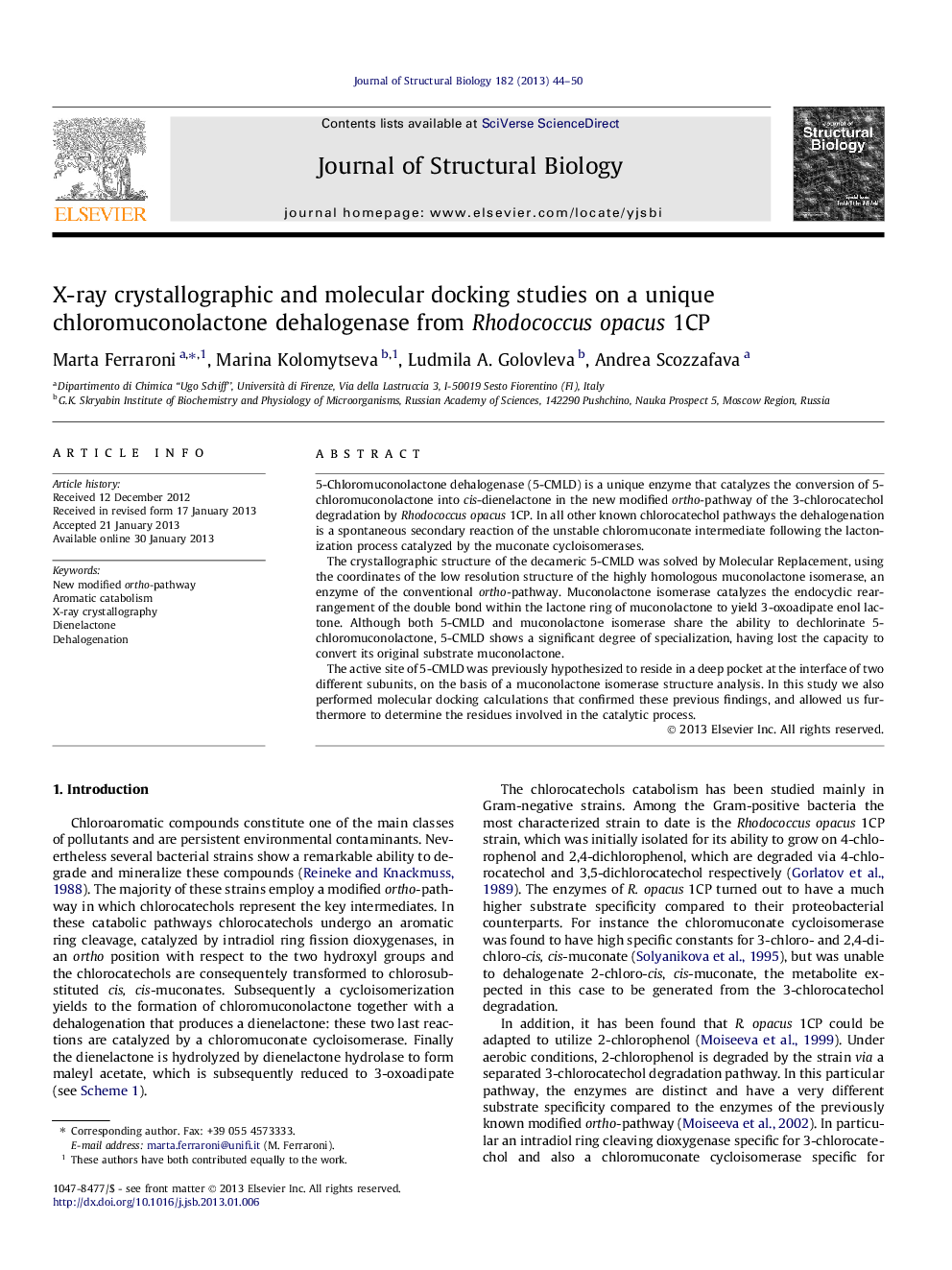 X-ray crystallographic and molecular docking studies on a unique chloromuconolactone dehalogenase from Rhodococcus opacus 1CP