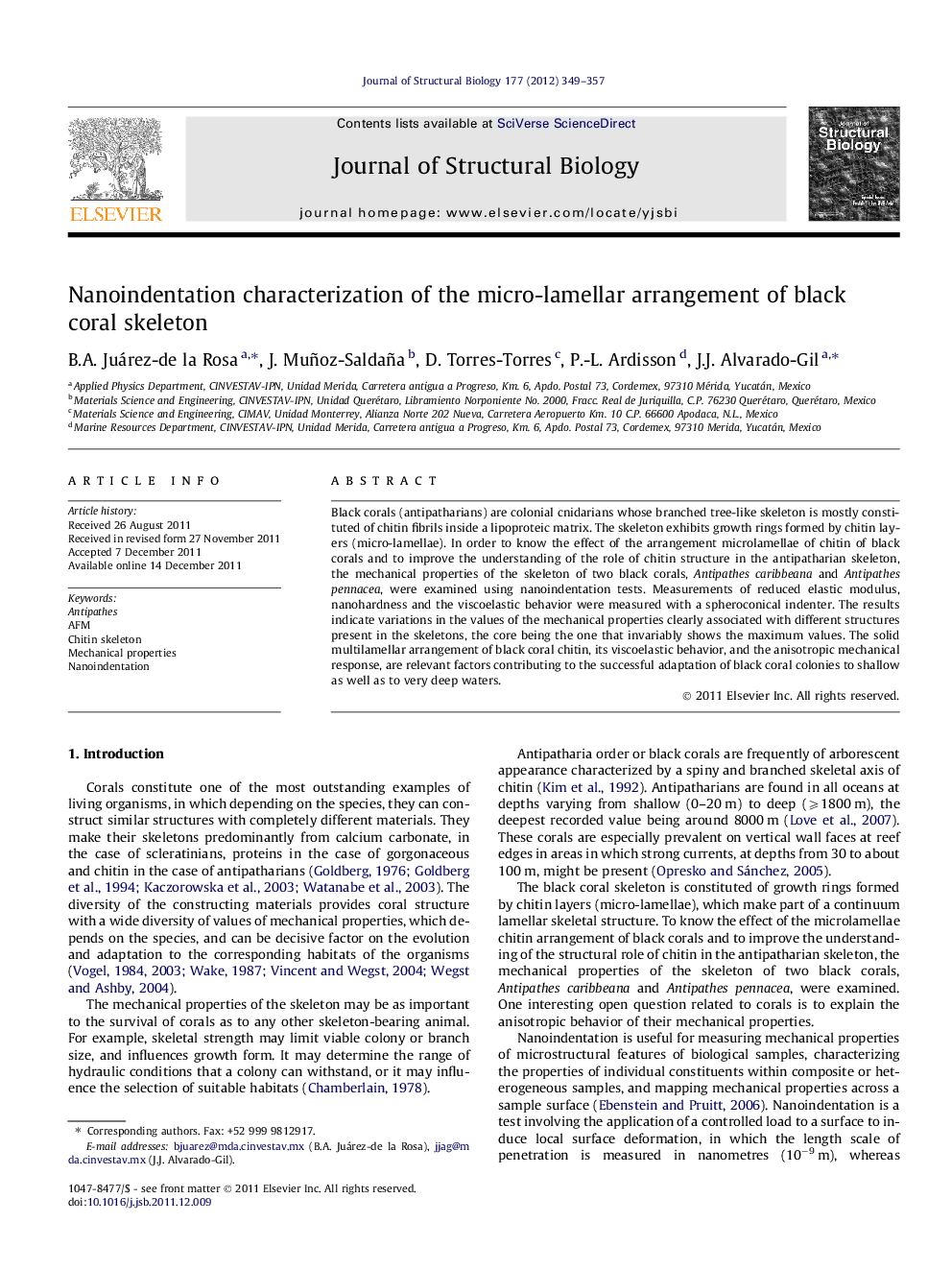 Nanoindentation characterization of the micro-lamellar arrangement of black coral skeleton