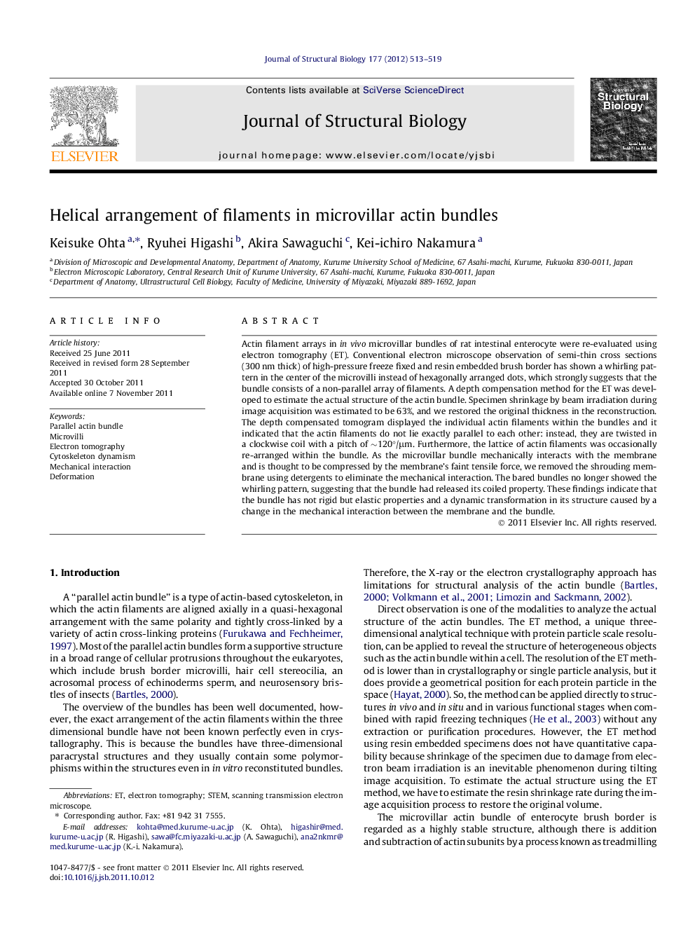 Helical arrangement of filaments in microvillar actin bundles