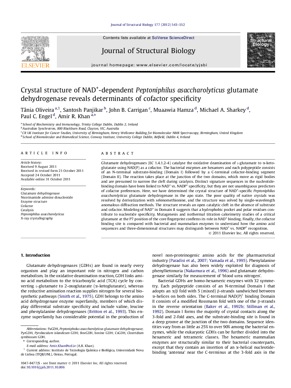 Crystal structure of NAD+-dependent Peptoniphilus asaccharolyticus glutamate dehydrogenase reveals determinants of cofactor specificity