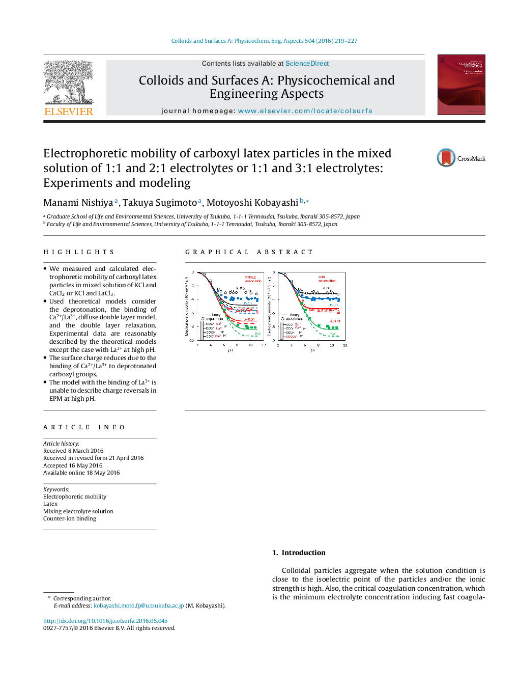 Electrophoretic mobility of carboxyl latex particles in the mixed solution of 1:1 and 2:1　electrolytes or 1:1 and 3:1 electrolytes: Experiments and modeling