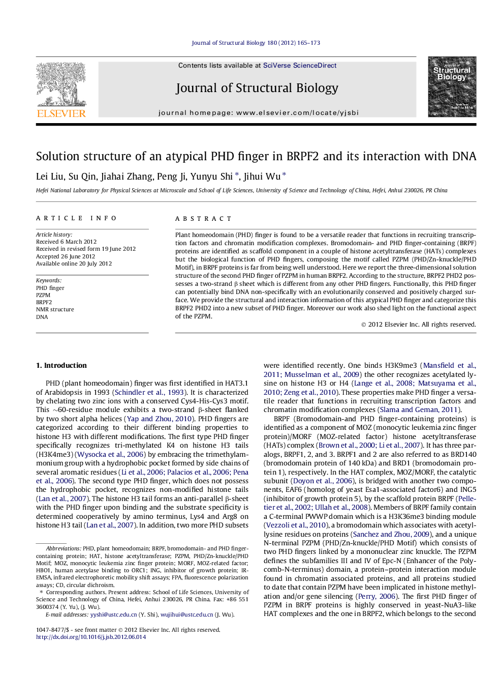 Solution structure of an atypical PHD finger in BRPF2 and its interaction with DNA