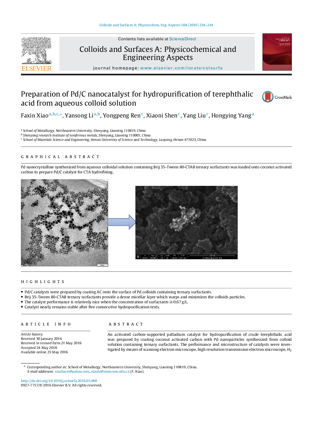 Preparation of Pd/C nanocatalyst for hydropurification of terephthalic acid from aqueous colloid solution