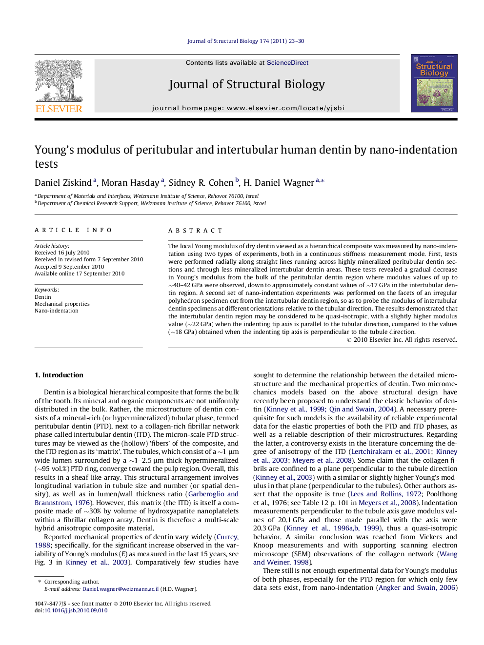 Young's modulus of peritubular and intertubular human dentin by nano-indentation tests