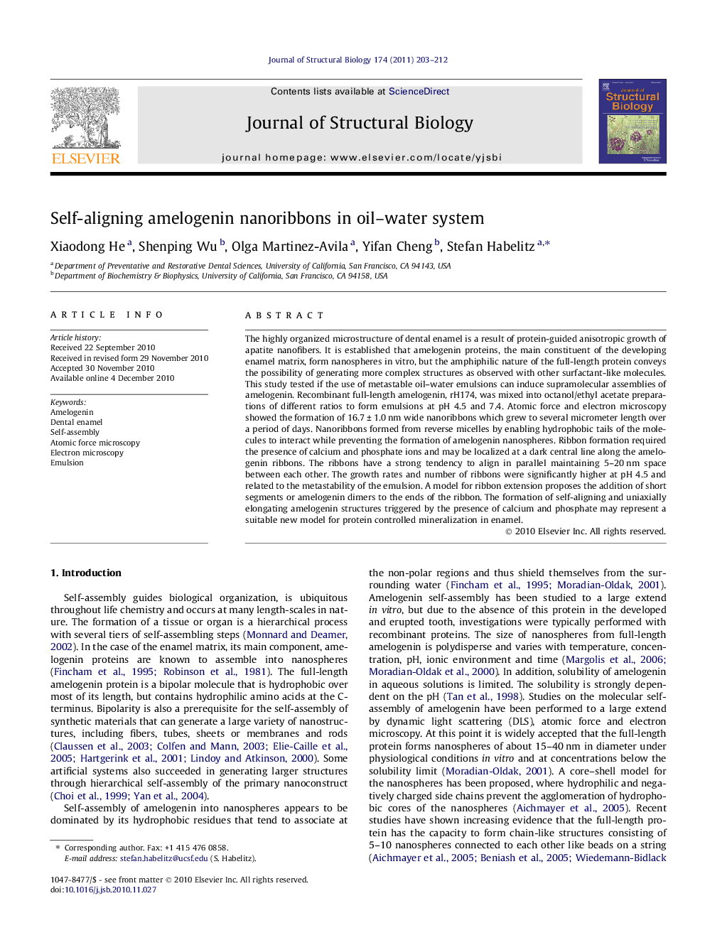 Self-aligning amelogenin nanoribbons in oil-water system