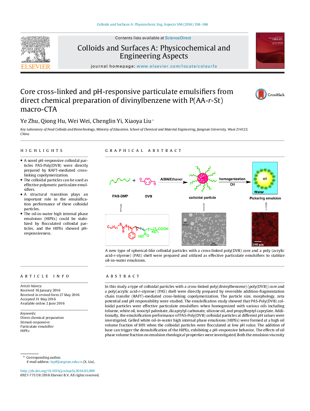 Core cross-linked and pH-responsive particulate emulsifiers from direct chemical preparation of divinylbenzene with P(AA-r-St) macro-CTA